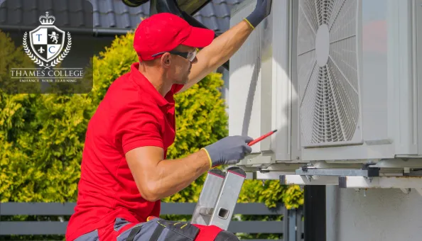 HVAC technician in red uniform servicing an outdoor air conditioning unit on a ladder.