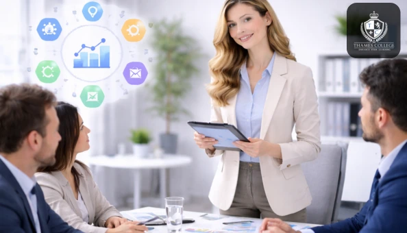 Business leader presenting ideas to a team during a meeting in a modern office environment.