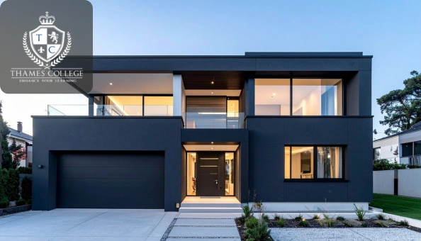 A modern two-storey house with large glass windows, flat roof, and clean geometric lines.