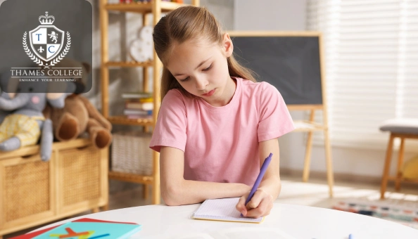 A young girl in a pink shirt writing in a notebook, symbolising autism and dyslexia learning support.