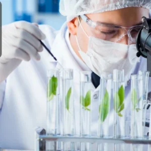 Scientist in lab coat and mask examining plant samples in test tubes using a microscope.