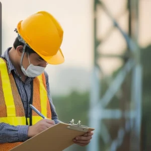 Construction inspector wearing a safety helmet, vest, and mask writing notes on a clipboard at a building site, with the Thames College logo in the corner.