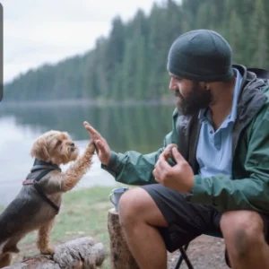 A man sitting near a lake teaching his dog to give a paw, symbolising effective canine communication and bonding, with the Thames College logo in the top-left corner.