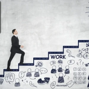 A businessman climbing illustrated stairs labelled with words like “Education,” “Work,” and “Dream,” leading to a glowing light bulb symbolising an idea, with the Thames College logo in the corner.