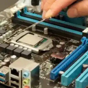Illustration showing computer components including motherboard, processor, RAM, storage drive, power supply, graphics card, and case, demonstrating the process of assembling a custom desktop computer.