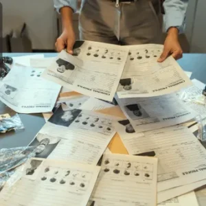 A person reviewing multiple criminal profile documents and evidence bags on a desk, related to criminal psychology and profiling.