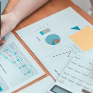A person working with financial charts, graphs, and a calculator, analysing data on paper using a pen and numeric input.