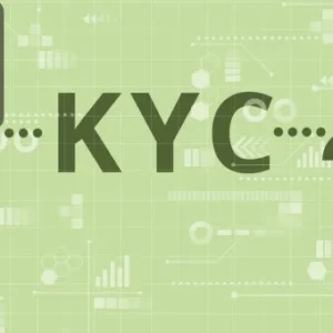 The acronym "KYC" displayed on a green digital background with icons of people, graphs, and network elements, symbolising identity verification and compliance processes.