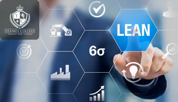 A business professional interacts with a digital interface displaying icons related to Lean Six Sigma, including charts, automation, and process improvement symbols. The word "LEAN" is highlighted in blue. Thames College logo is visible in the corner.
