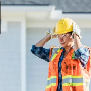 A lone construction worker wearing a hard hat and reflective vest adjusts her helmet while standing outdoors.