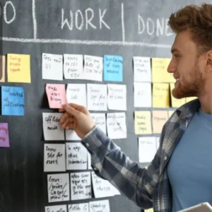 A man pointing at sticky notes on a Kanban board marked To Do, Work, and Done, representing Agile Scrum workflow.