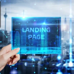 Hand holding a futuristic transparent digital screen displaying the words “Landing Page” against a city skyline, with the Thames College logo in the corner.