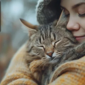 A young woman in a warm coat lovingly hugs her content cat outdoors, both appearing calm and happy. The Thames College logo is visible in the corner.