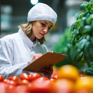 A food safety inspector in protective clothing checks and records notes on a clipboard while examining fresh produce in a food storage area. The Thames College logo is visible in the corner.