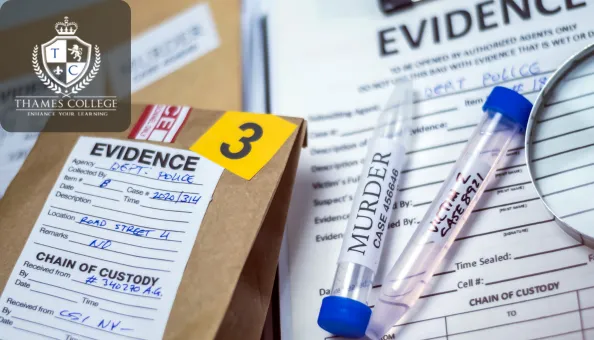 Forensic evidence bags and labelled test tubes with murder case details on paperwork, alongside a magnifying glass.