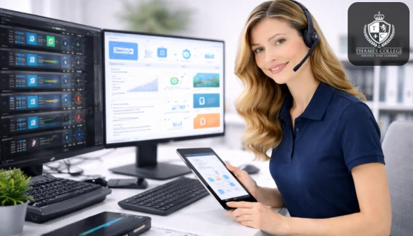 IT support technician using a headset and tablet while monitoring system diagnostics on dual computer screens.