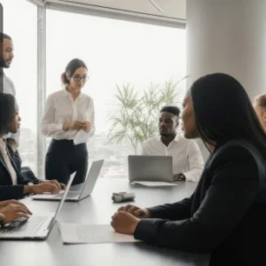 A diverse group of professionals in a modern office meeting, with a woman standing and presenting to colleagues seated around a conference table. The Thames College logo appears in the corner.