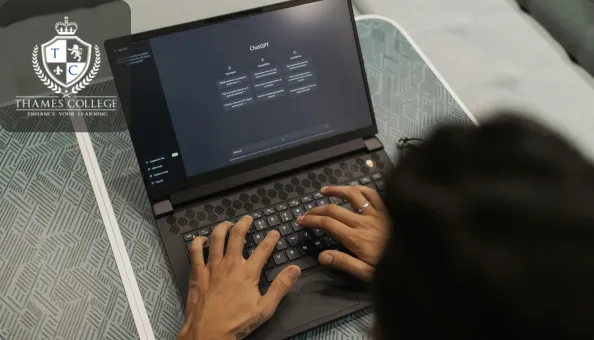 Person typing on a laptop with ChatGPT open on the screen, indicating the use of AI for marketing and productivity tasks.
