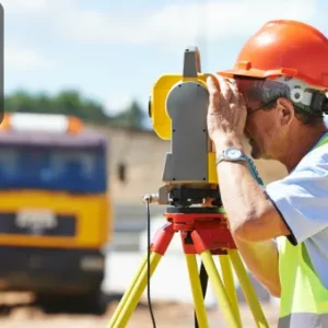 A construction surveyor wearing a high-visibility vest and hard hat uses a theodolite on a tripod to measure distances at a building site, with a truck in the blurred background.