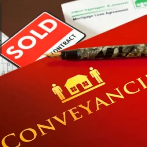 A red conveyancing folder with gold lettering, a pen, a sold sign, building plans, and a mortgage loan agreement, with the Thames College logo in the corner.