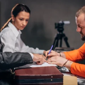 A man in an orange prison uniform signs documents across the table from legal professionals, with one person pointing to the paper and another observing; a camera is set up in the background.