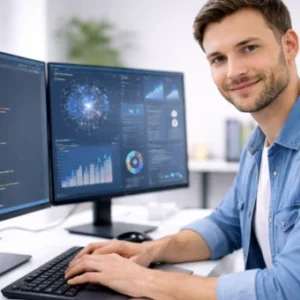 Software developer writing Python code and analysing machine learning data on dual monitors in a modern office.