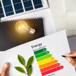 A person holding an energy efficiency rating chart beside a small plant, with a notebook showing a glowing light bulb, solar panel models, and architectural structures, along with the Thames College logo in the top left corner.