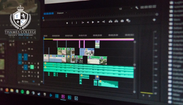 Computer screen displaying a video editing timeline in Adobe Premiere Pro, symbolising creative digital design and editing.