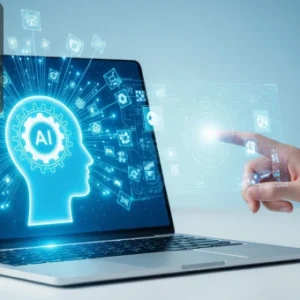 Laptop screen displaying an AI head icon with digital data graphics, symbolising AI-driven product management.