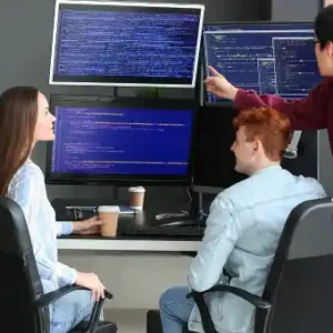 Infographic showcasing a job-ready computer programming course with modules on coding, software development, debugging, project work, career support, and a money-back guarantee.