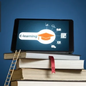 A tablet displaying an “E-learning” graphic rests on a stack of books with a small ladder leaning against them, symbolising digital education and career growth. The Thames College logo appears in the corner.