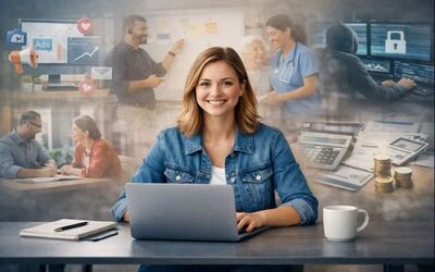 A confident learner working on a laptop at a modern desk, with semi-transparent visuals showing careers in digital marketing, project management, healthcare, IT security, and accounting.