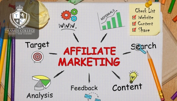 A hand-drawn diagram displaying core elements of affiliate marketing such as target, analysis, feedback, content, search, referrals, and website checklist.