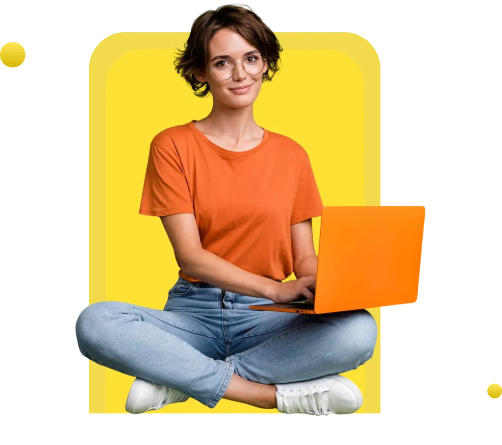 Student exploring online courses at Thames College on a laptop, with a vibrant yellow background representing educational growth and career opportunities.